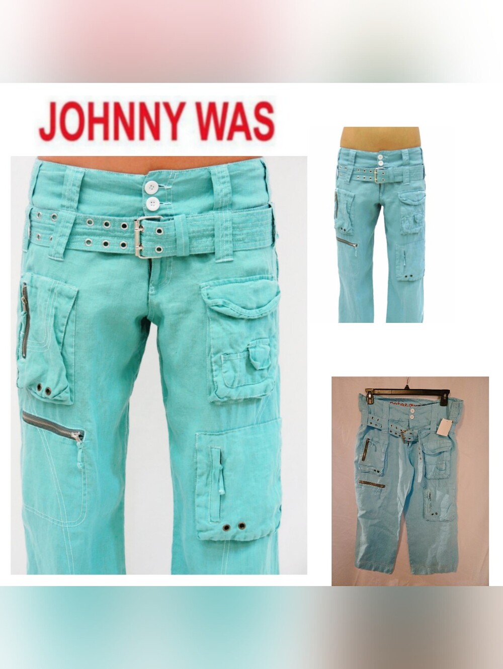Johnny Was (Pete & Greta) 100% Linen Turquoise Cargo Crop Pants. Sz 10. New.